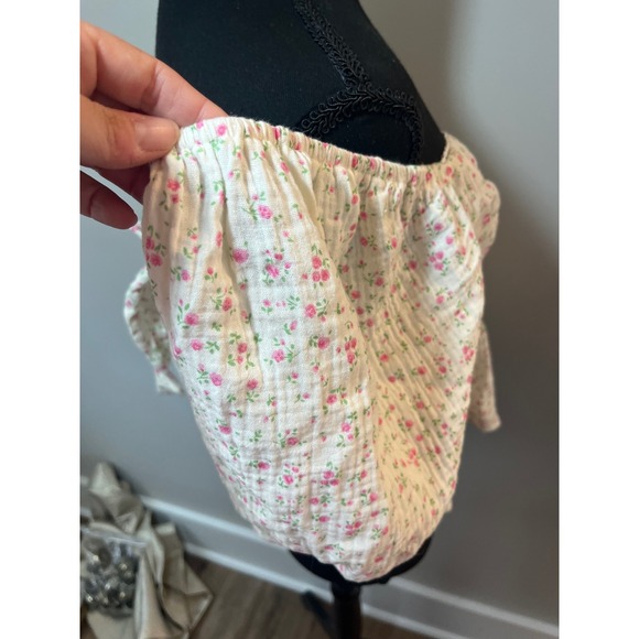 Altar'd State Floral Peplum Top Puff Sleeve Tie Back Pink Ivory Blouse M - Picture 9 of 10